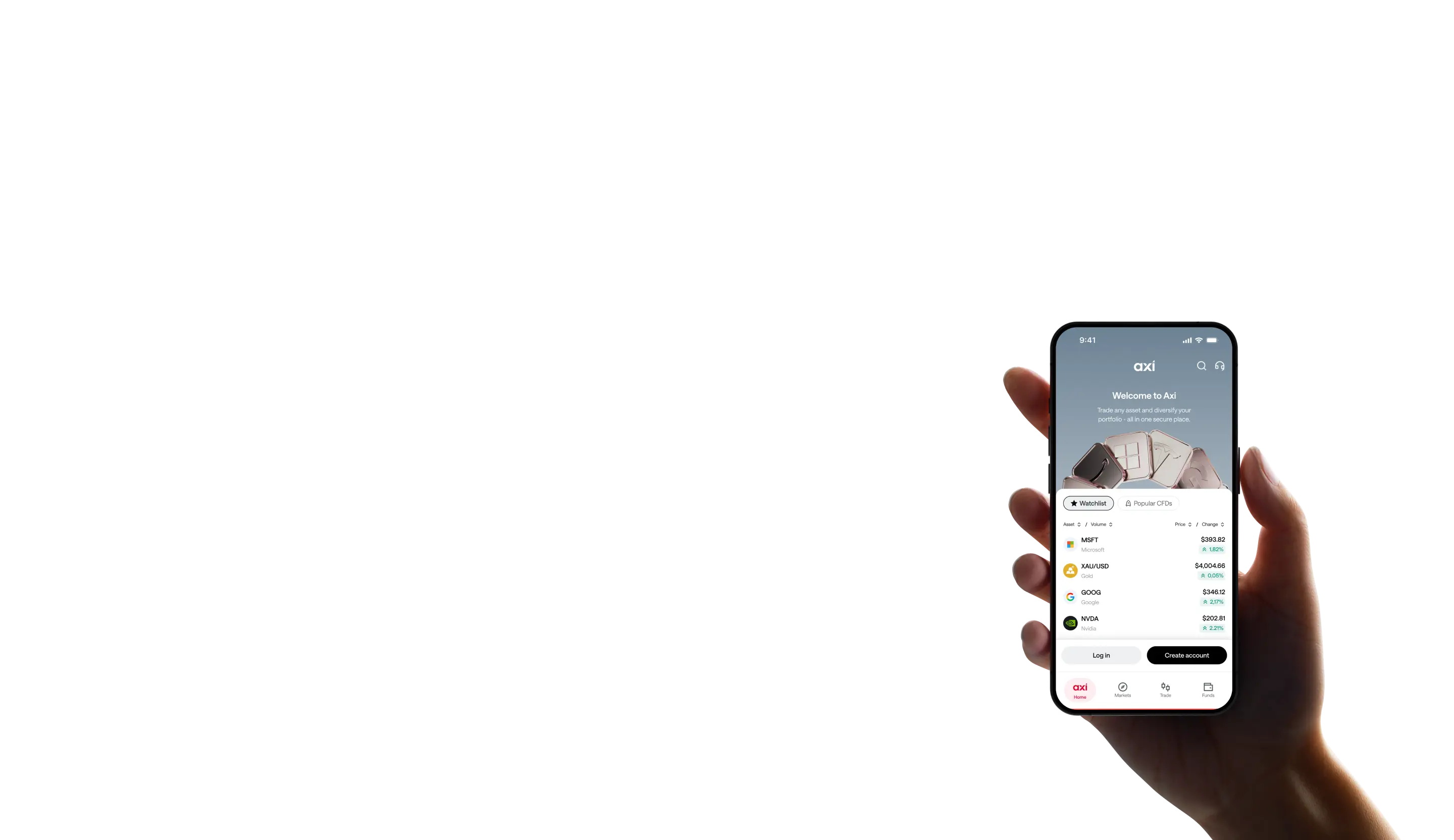 hand holding a smartphone showing the Axi trading app welcome screen and a CFD watchlist